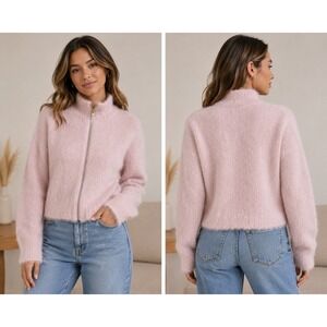 Sincerely Jules Women's Size XS Fuzzy Pink Full Zip Cropped Cardigan Sweater
